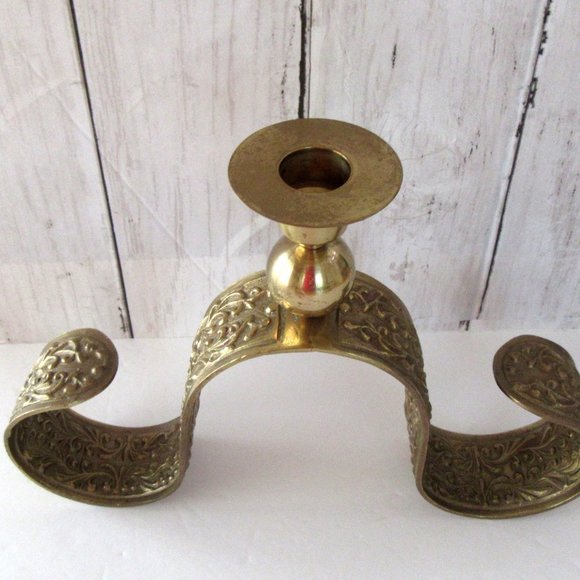Scrolled brass ornamental embossed candle holder - Picture 3 of 8